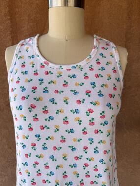 Vintage 1990s Ditsy Rose Floral Tank Top, White Cotton Blend Cami
